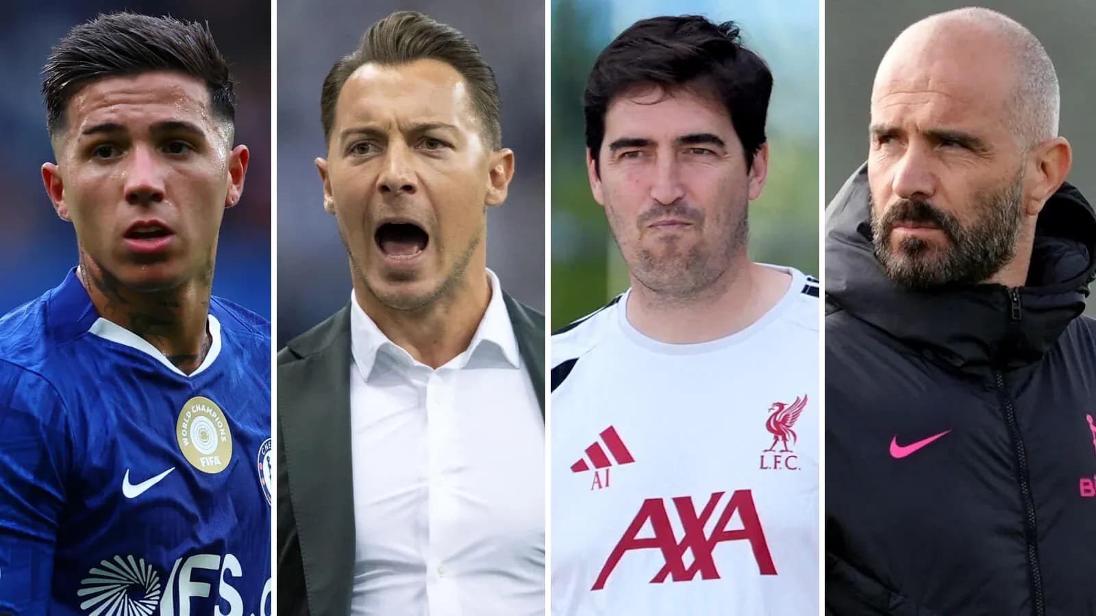 Four football figures: player and three coaches