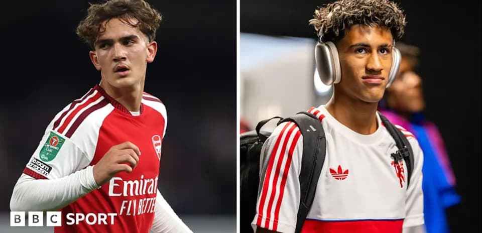 Two football players in Arsenal kits, one playing, one arriving