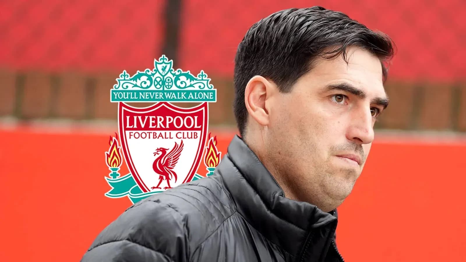 Man in jacket with Liverpool FC logo background