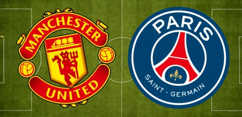 Manchester United and Paris Saint-Germain logos on pitch