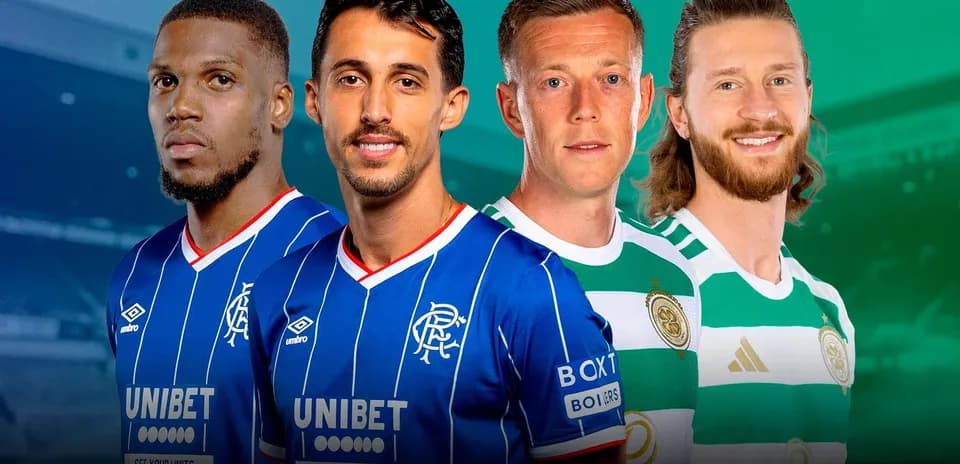 Players from Rangers and Celtic posing together