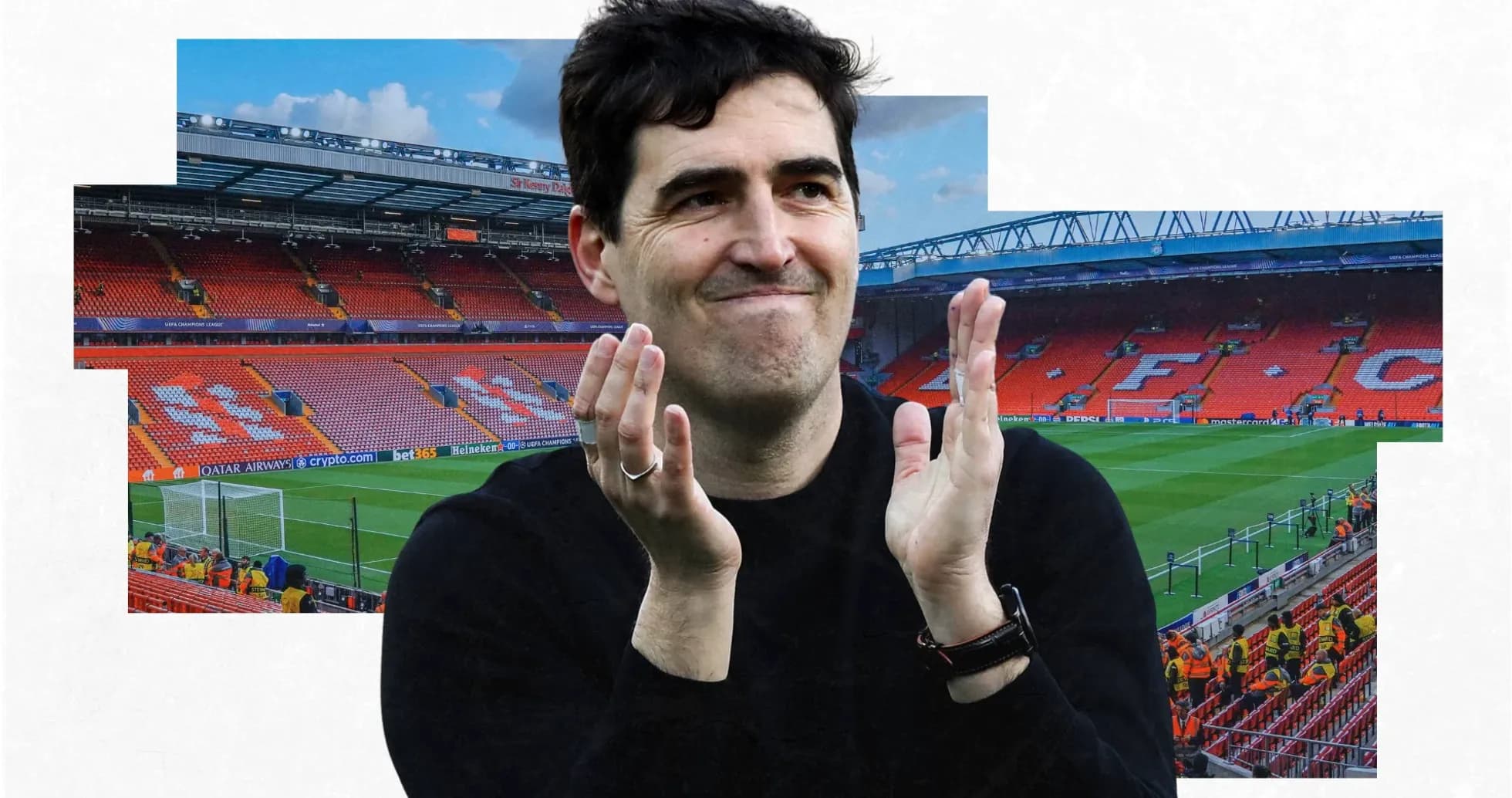 Man clapping in front of empty football stadium