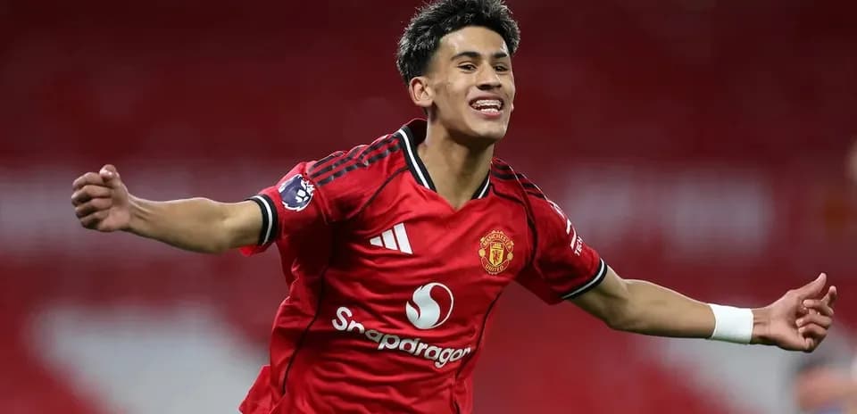 Player celebrating a goal in Manchester United kit