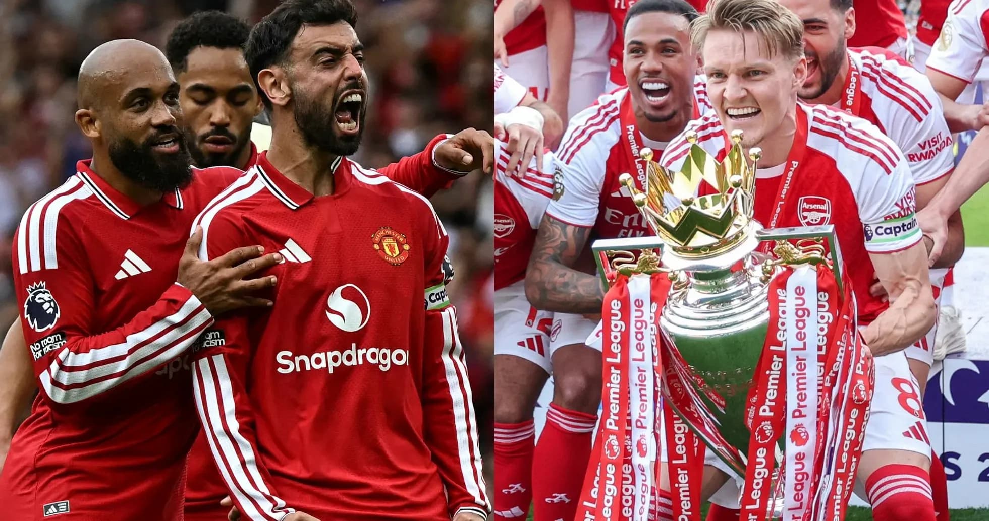 Manchester United players celebrating and Arsenal lifting trophy