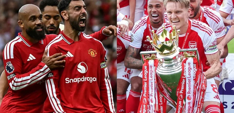 Manchester United players celebrating and Arsenal lifting trophy