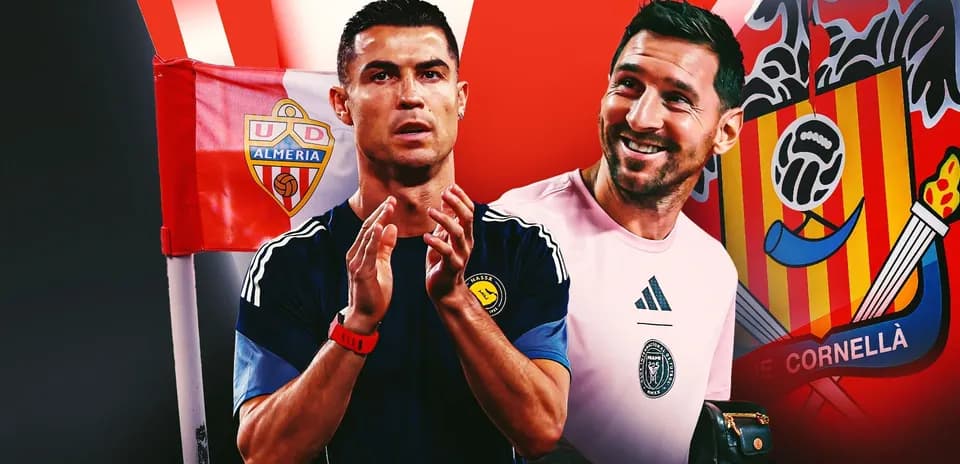 Cristiano Ronaldo and goalkeeper smiling with team logos