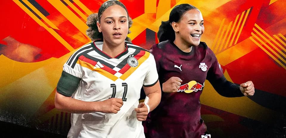 Two female soccer players in action poses