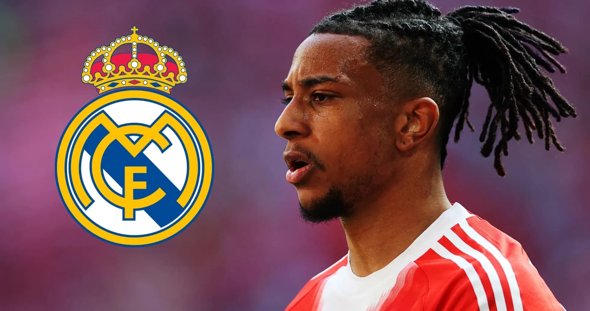 Player in red kit next to Real Madrid logo