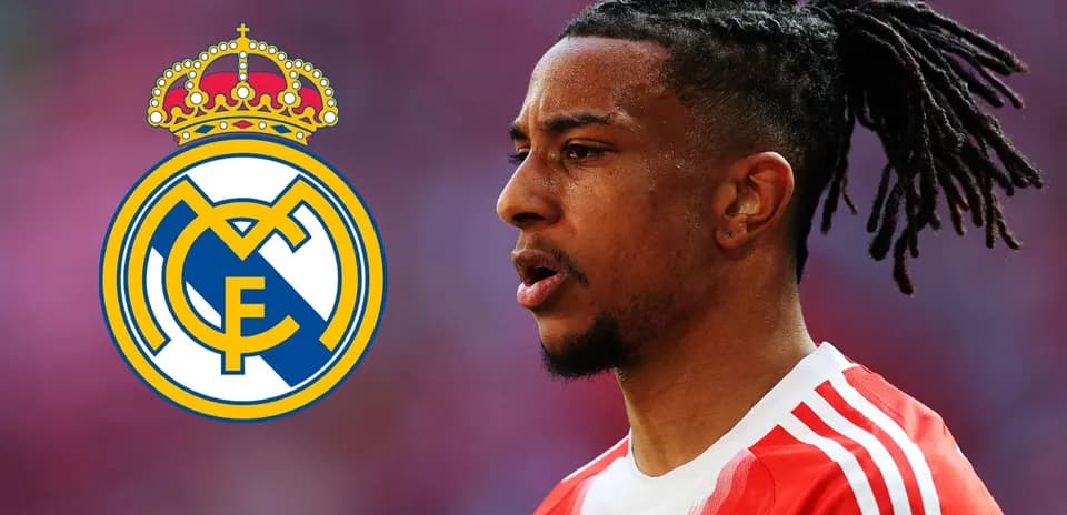 Player in red kit next to Real Madrid logo