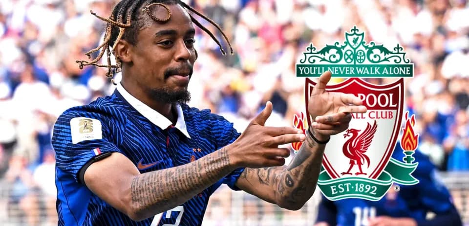 Player gesturing during match with Liverpool logo overlay