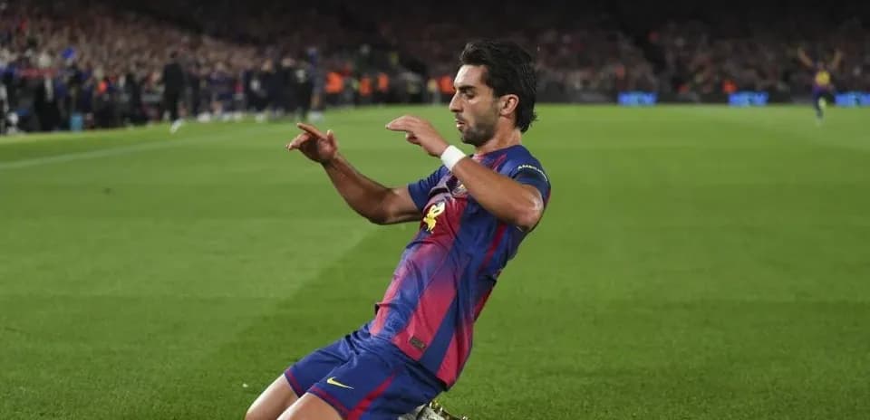 Barcelona player celebrating after scoring a goal