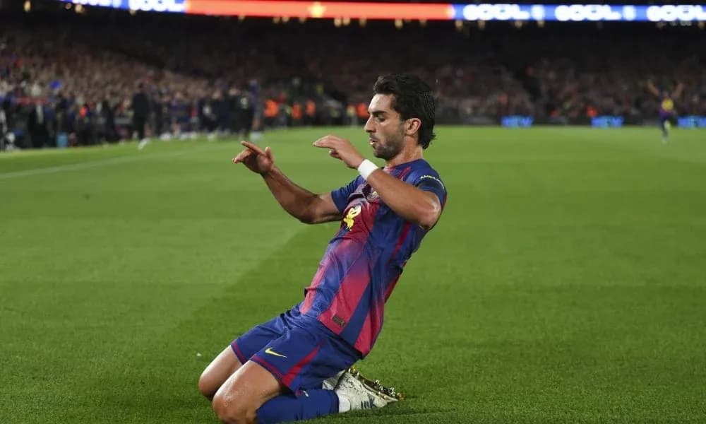 Barcelona player celebrating after scoring a goal