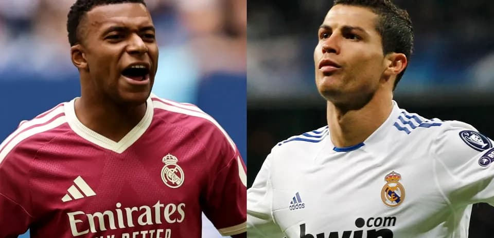 Kylian Mbappé and Cristiano Ronaldo in Real Madrid jerseys