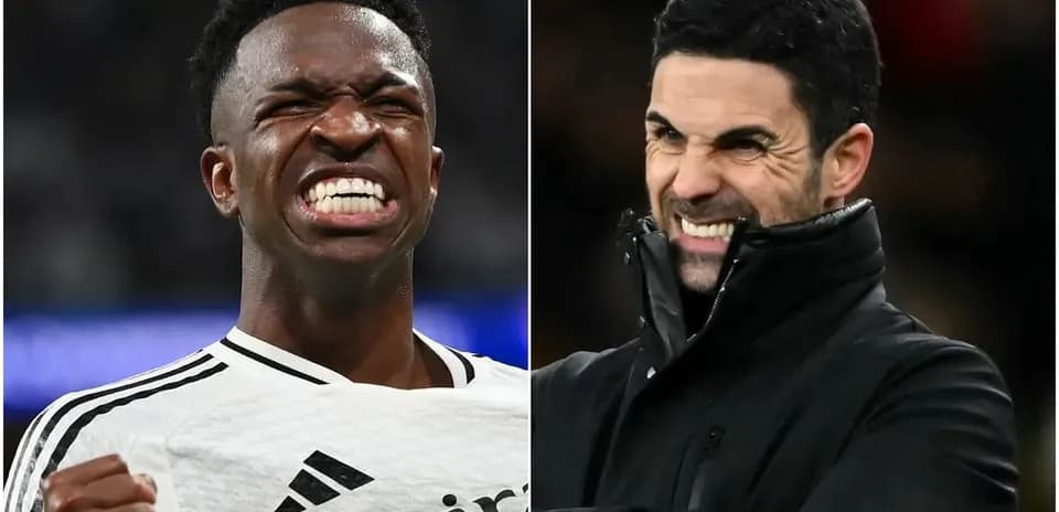 Vinicius Jr celebrating and Mikel Arteta reacting