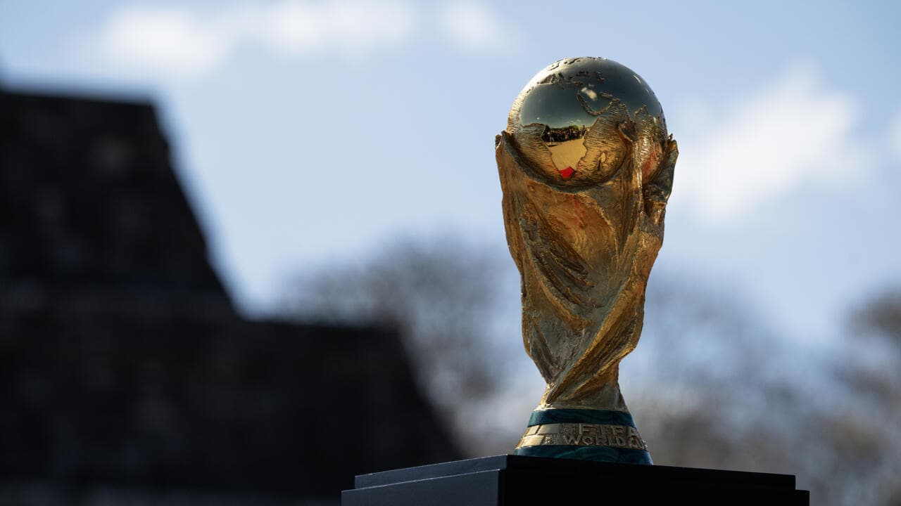 FIFA World Cup trophy displayed outdoors