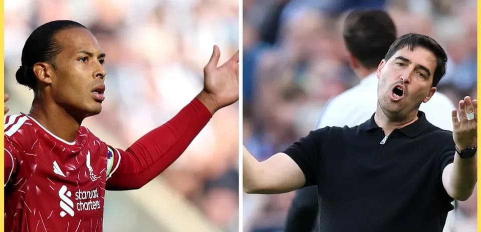 Virgil van Dijk and coach gesturing during match
