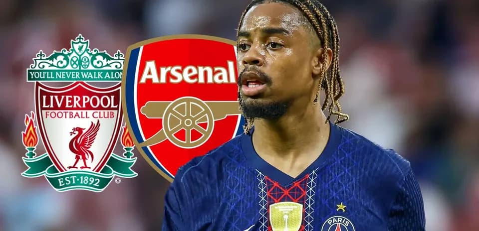 Player with Liverpool and Arsenal logos in background