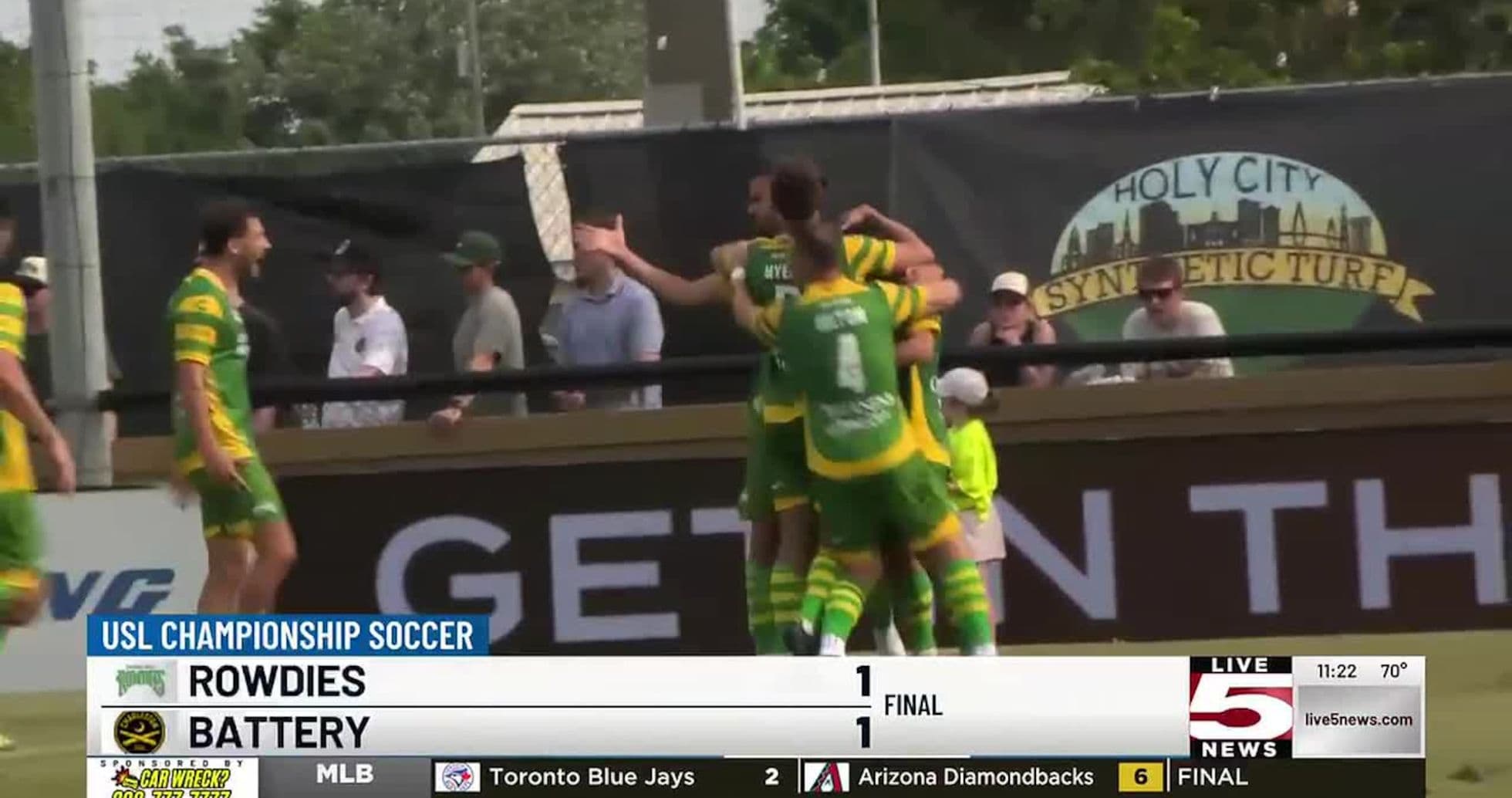 Tampa Bay Rowdies celebrating a goal against Charleston Battery