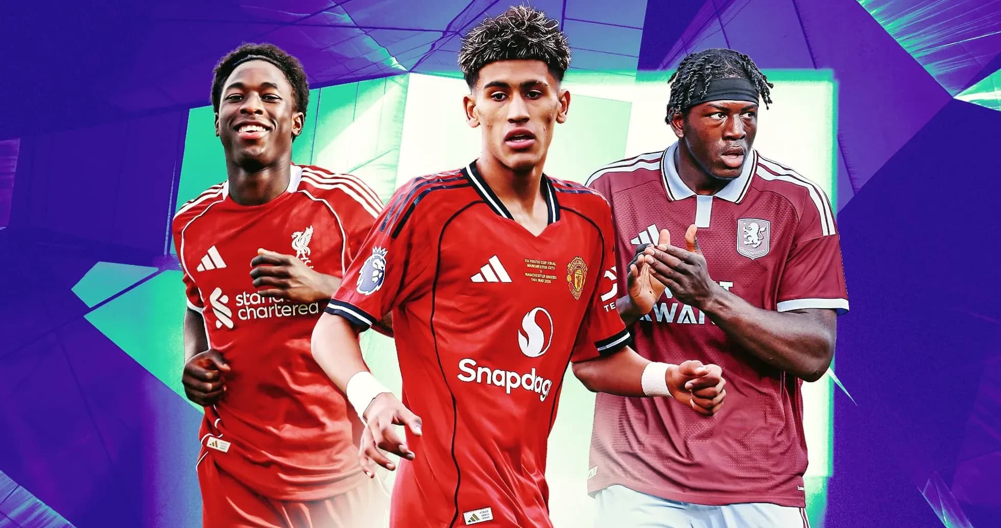 Three football players in club jerseys posing together