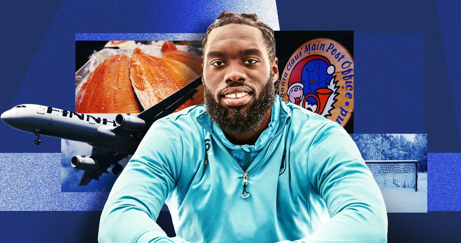Athlete smiling with various themed background elements