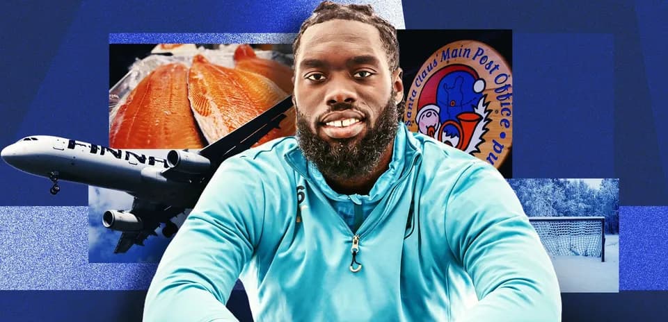 Athlete smiling with various themed background elements