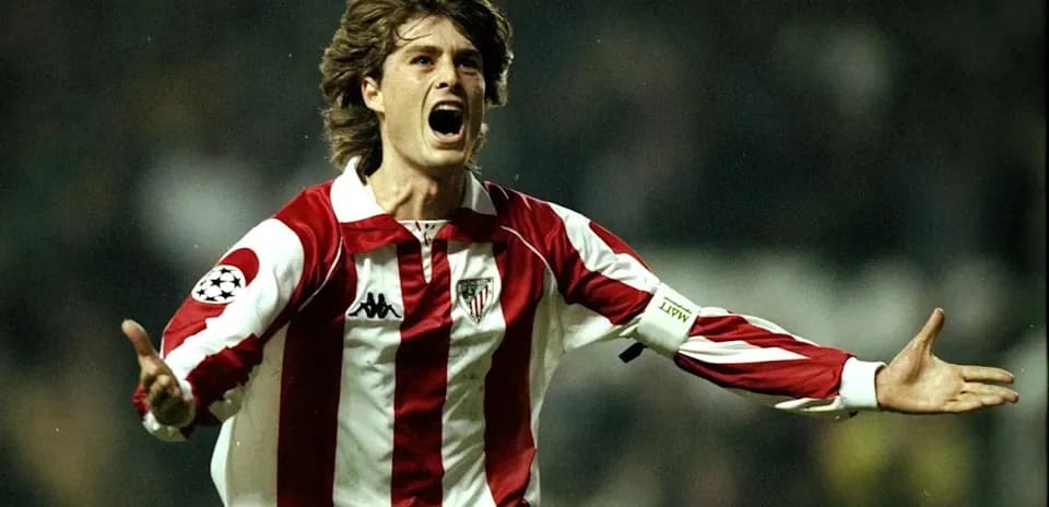 Player celebrating a goal in Athletic Bilbao jersey