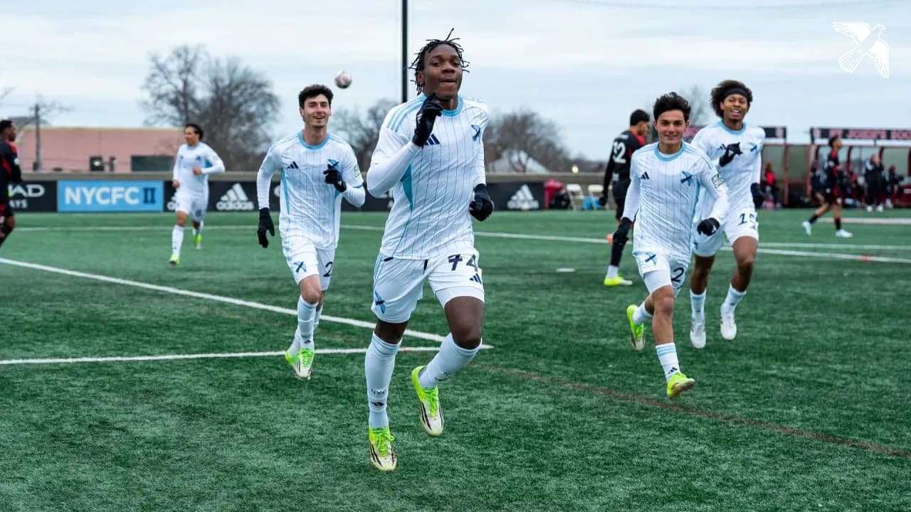 Players celebrating a goal during MLS Next Pro match