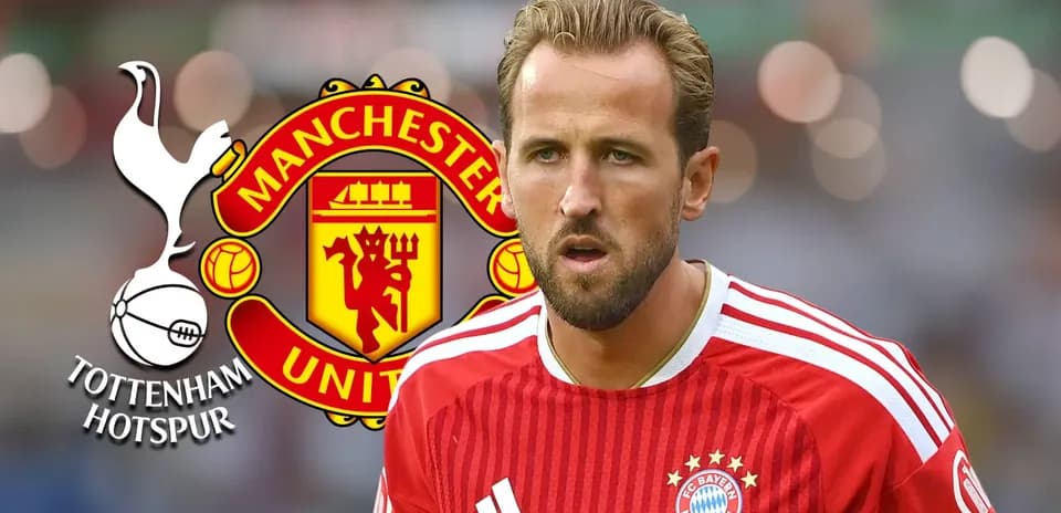 Harry Kane in Bayern Munich jersey with club logos