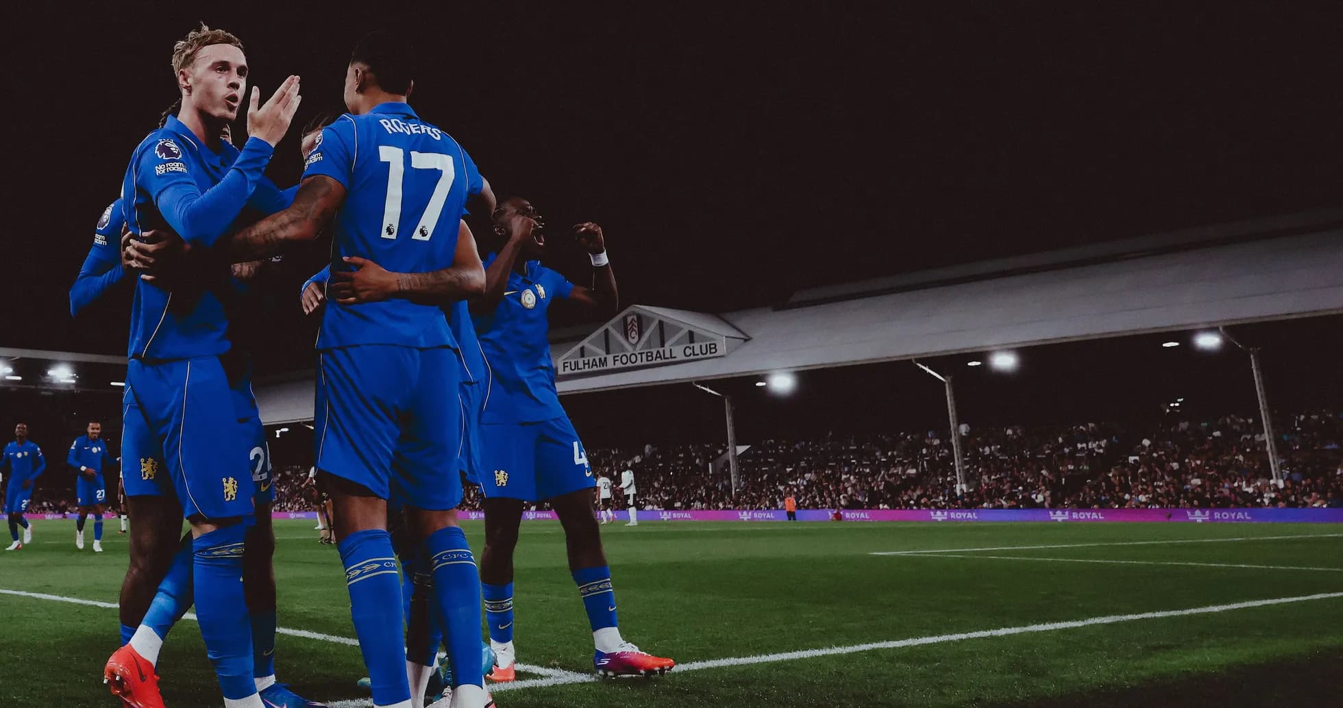 Players celebrating a goal at Fulham Football Club