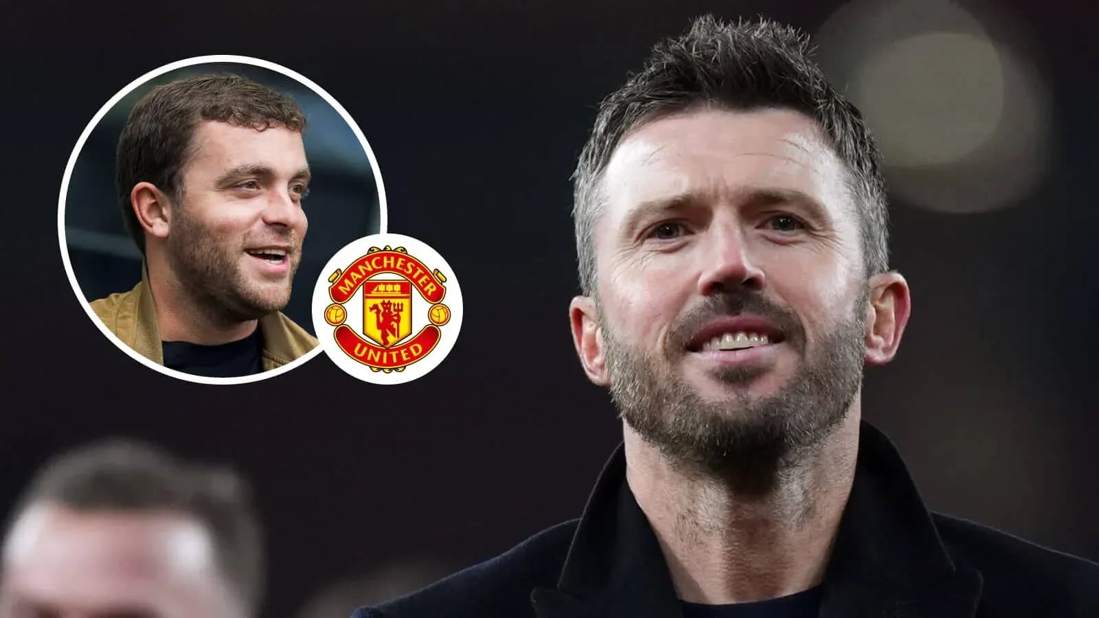 Two men with Manchester United logo in background Two men with Manchester United logo in background