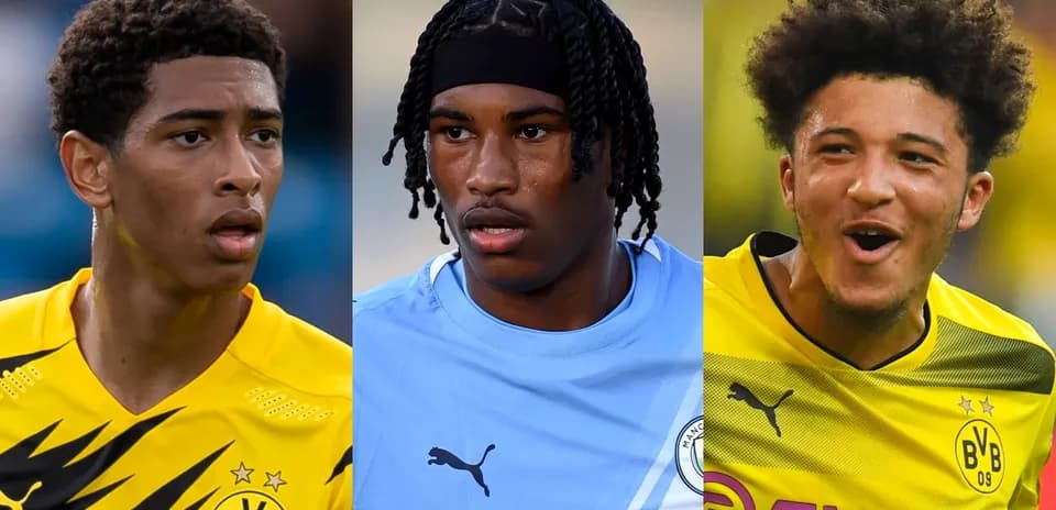 Three football players wearing team jerseys