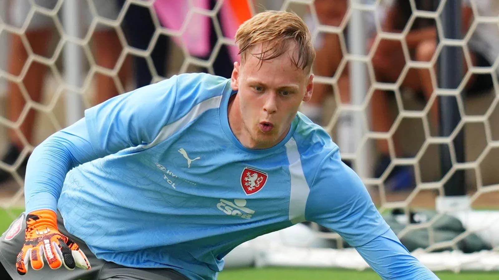 Goalkeeper diving to save a shot on goal