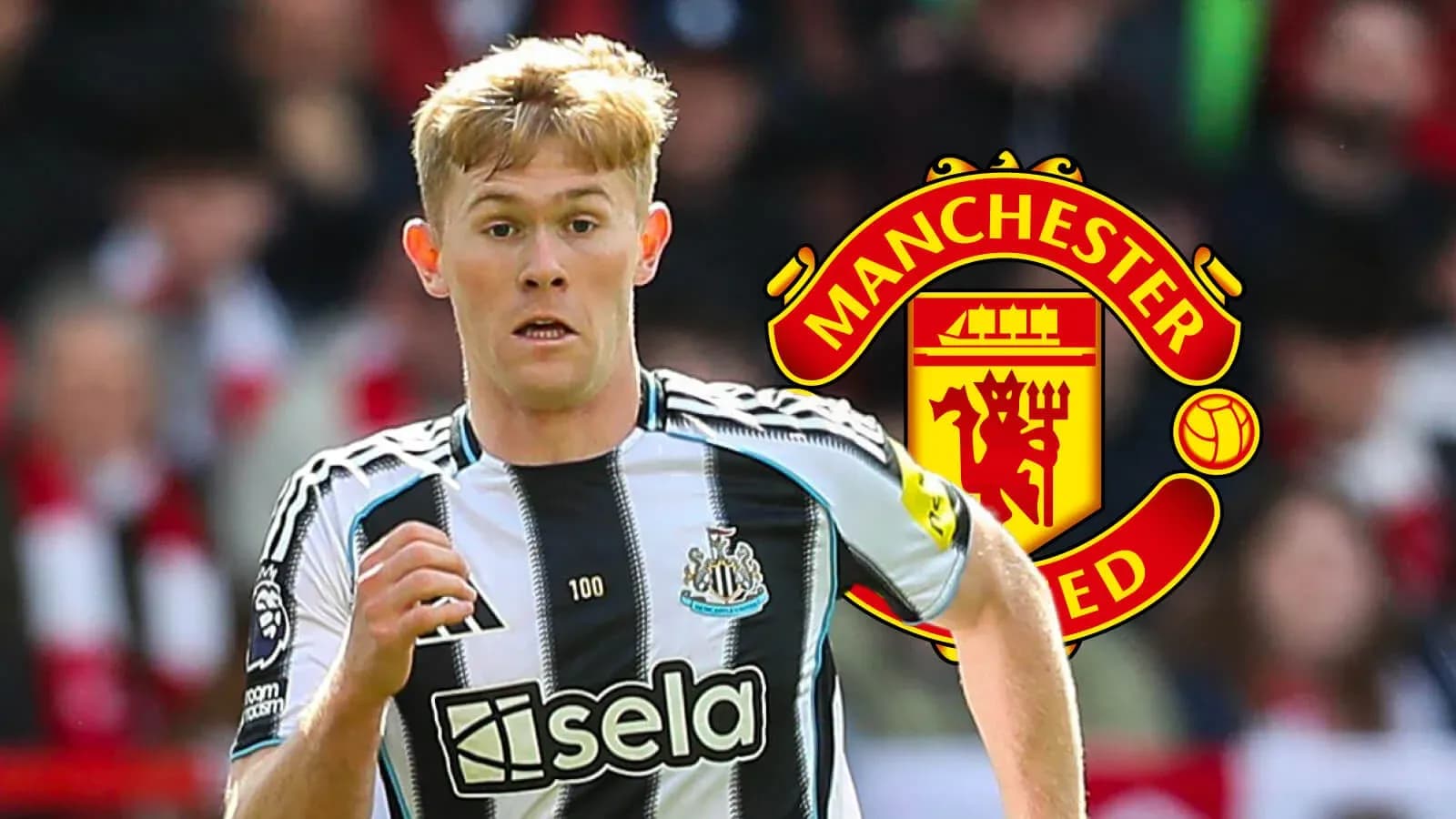 Newcastle player running with Manchester United logo in background