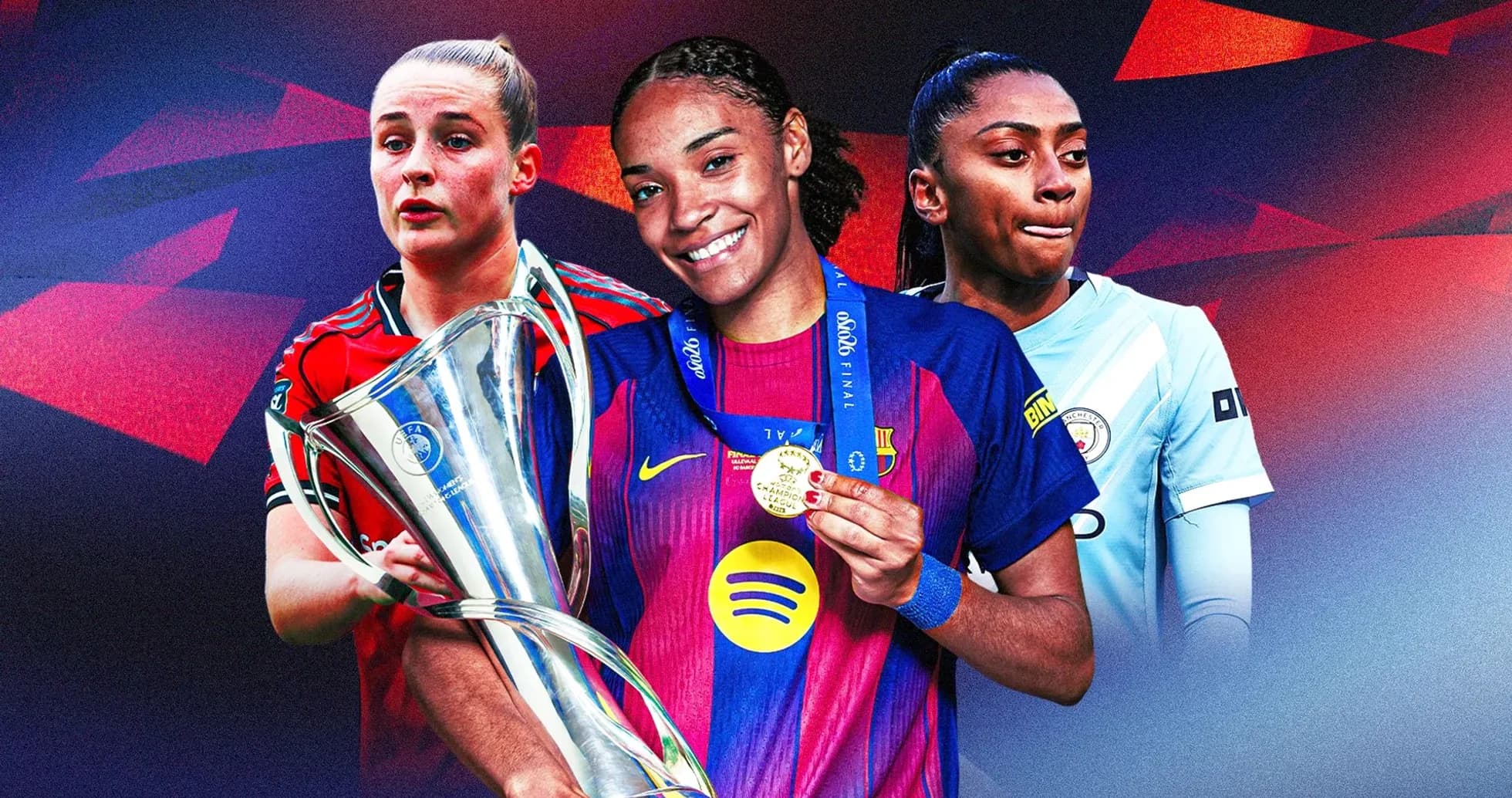 Three female football players with trophies and medals