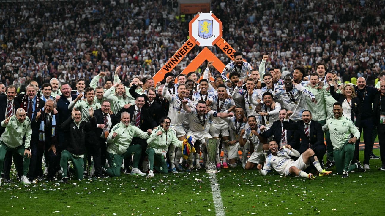 Aston Villa players celebrating victory with trophy