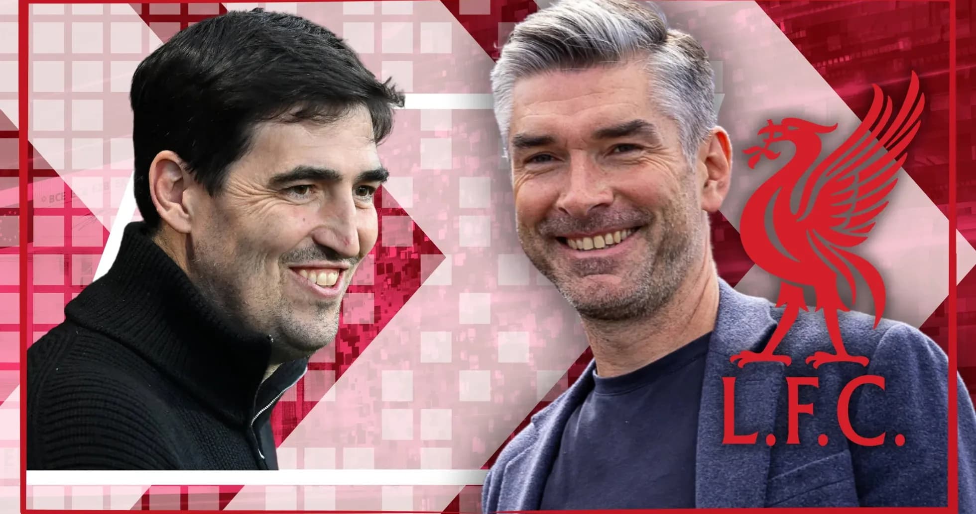 Two coaches smiling against a Liverpool background