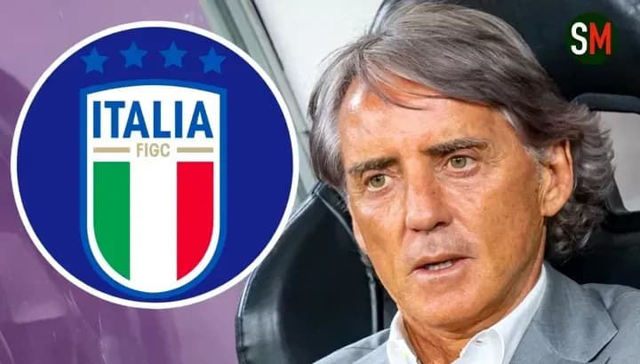 Manager Roberto Mancini with Italy national team logo