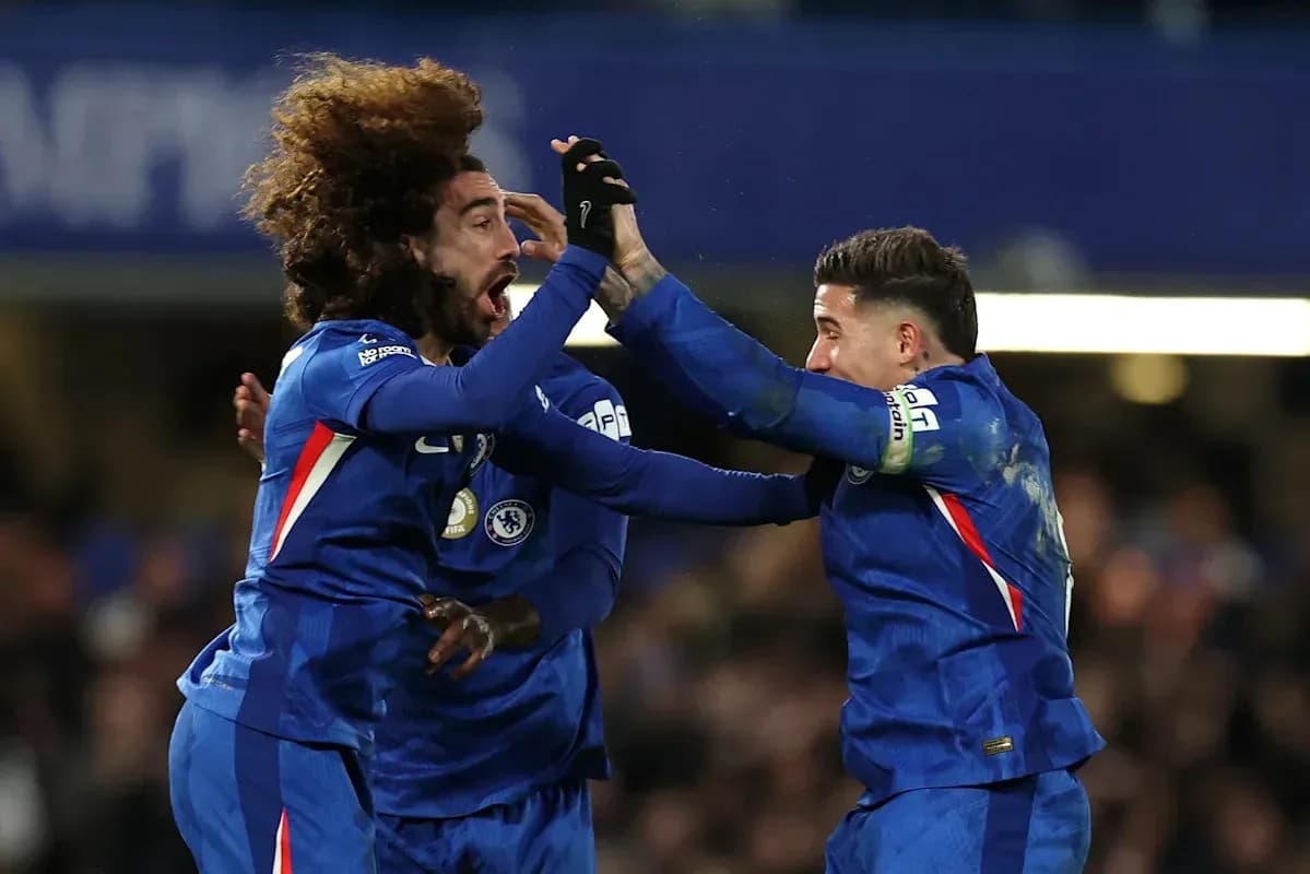 Chelsea players celebrating a goal together