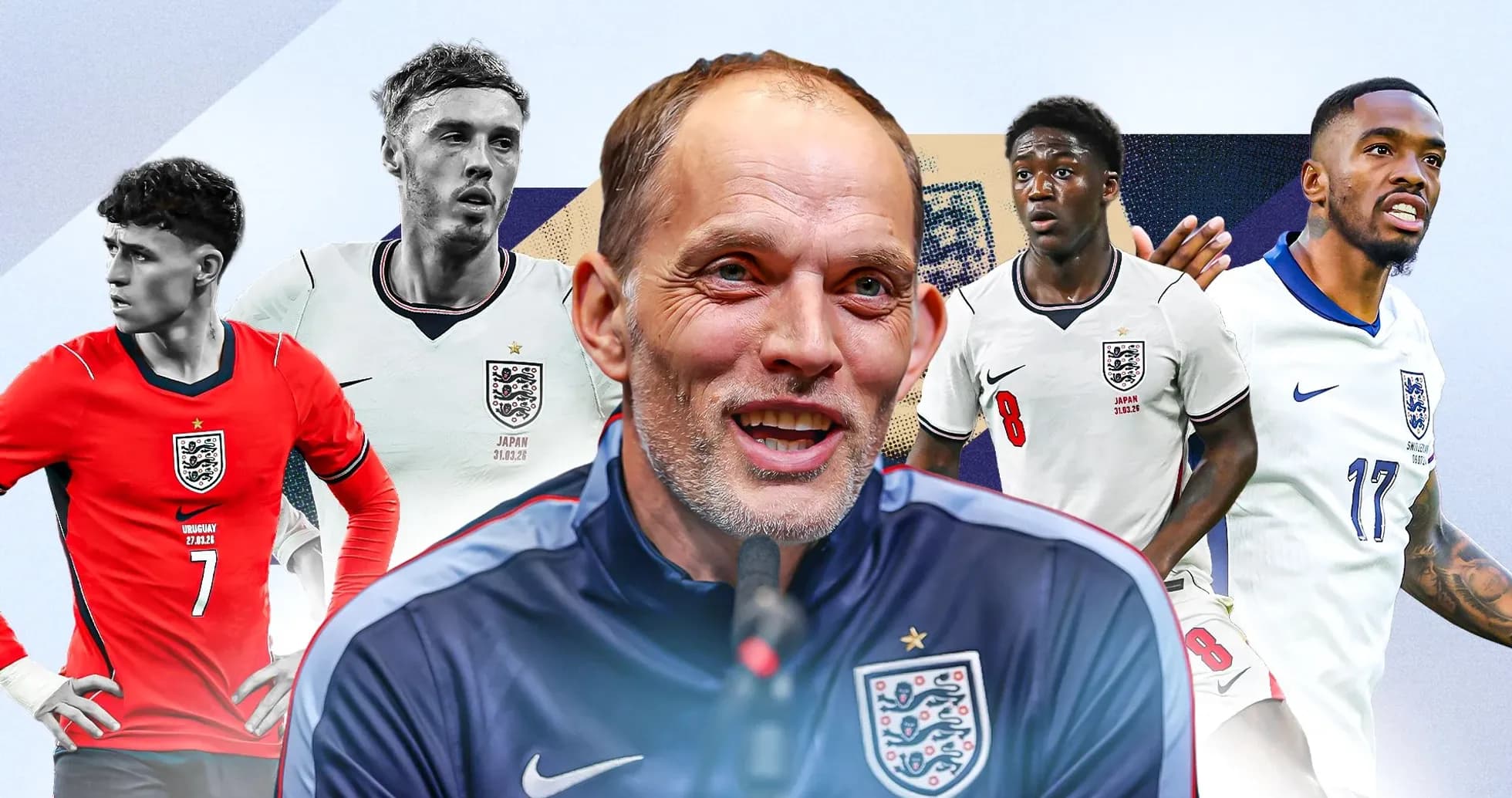 England manager with players in national team jerseys