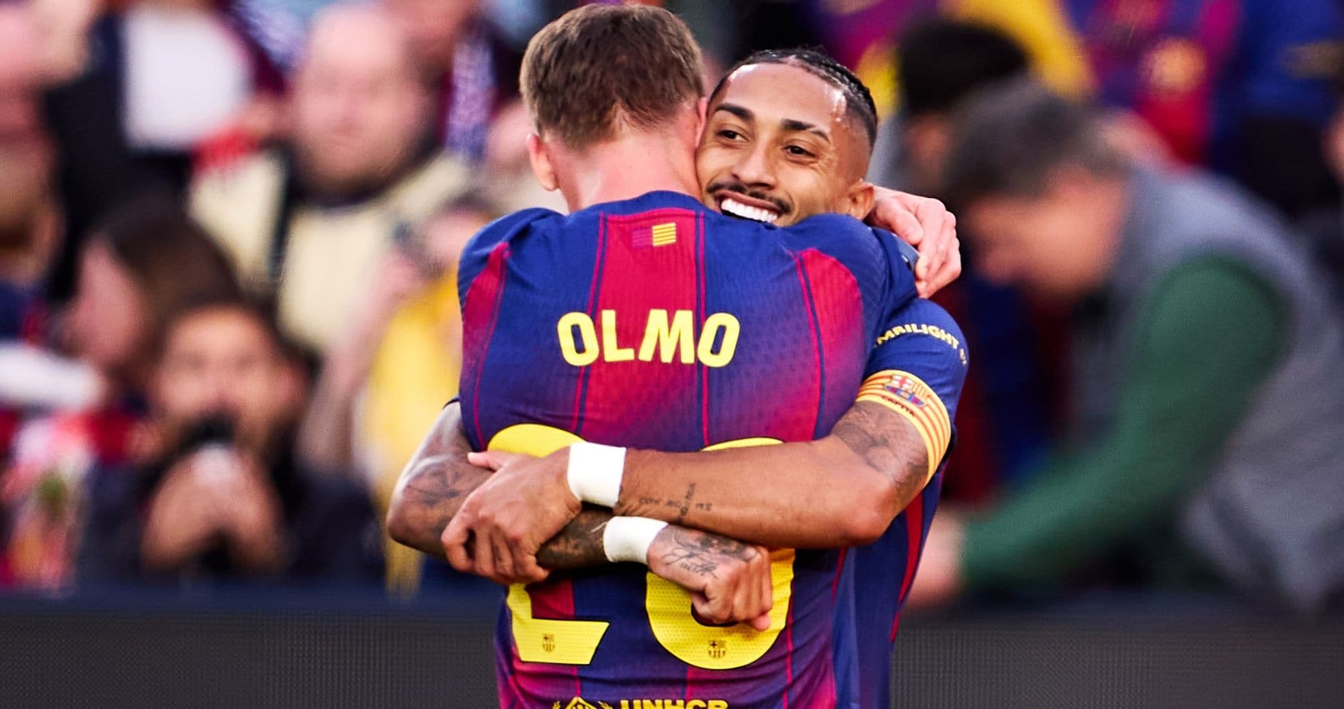 Barcelona players celebrating a goal during match