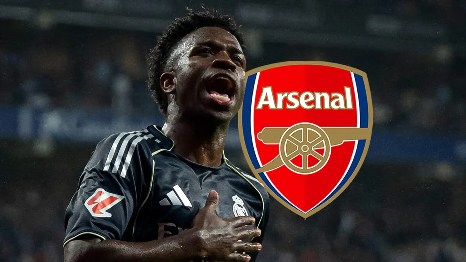 Player celebrating a goal with Arsenal logo overlay