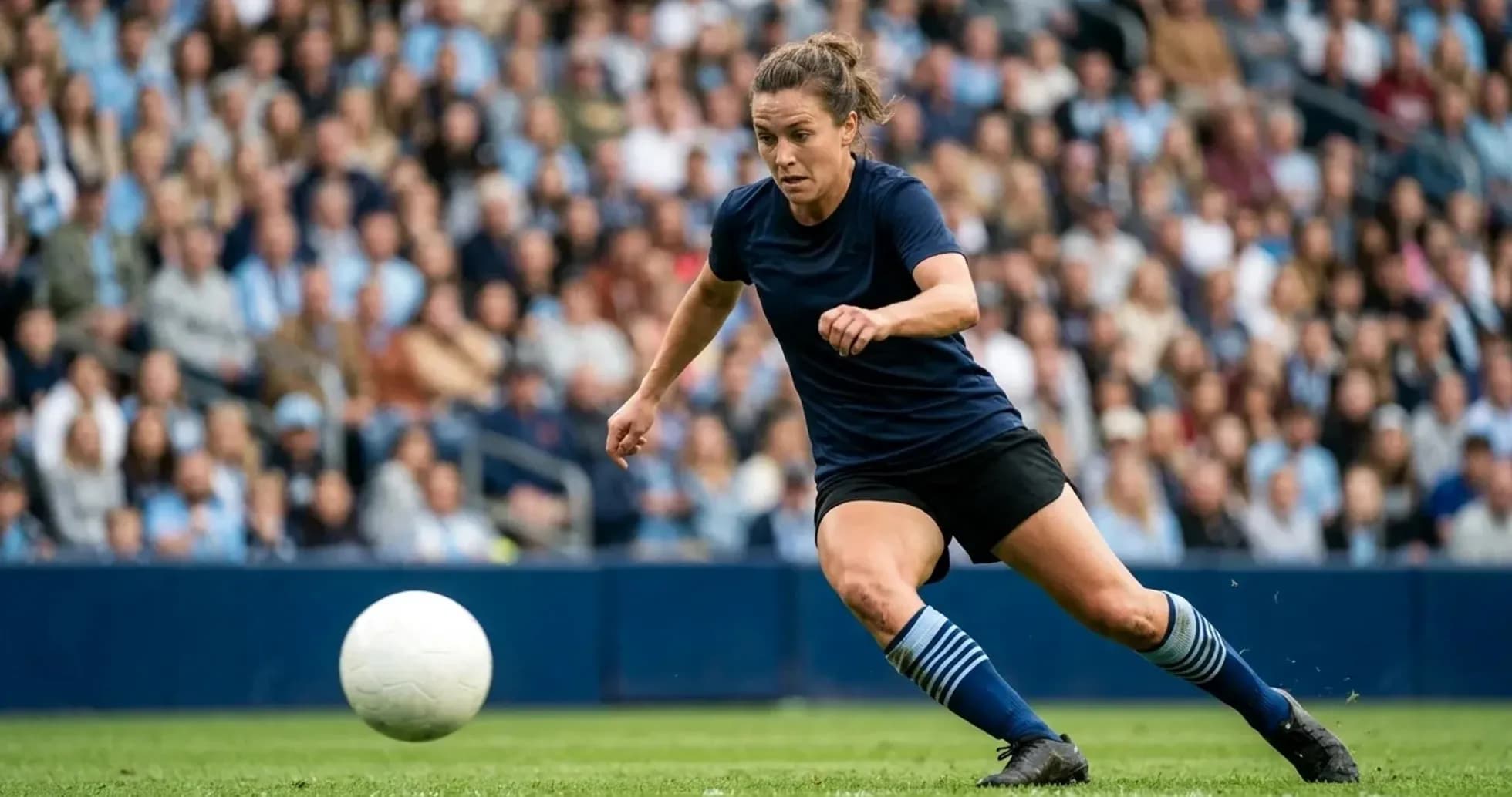 Player kicking the ball during women's football match