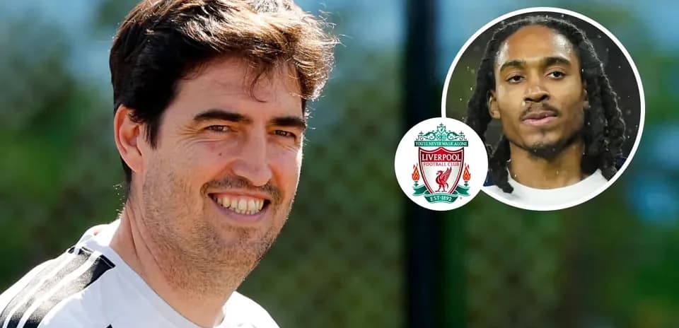 Liverpool coach smiling with player image and logo