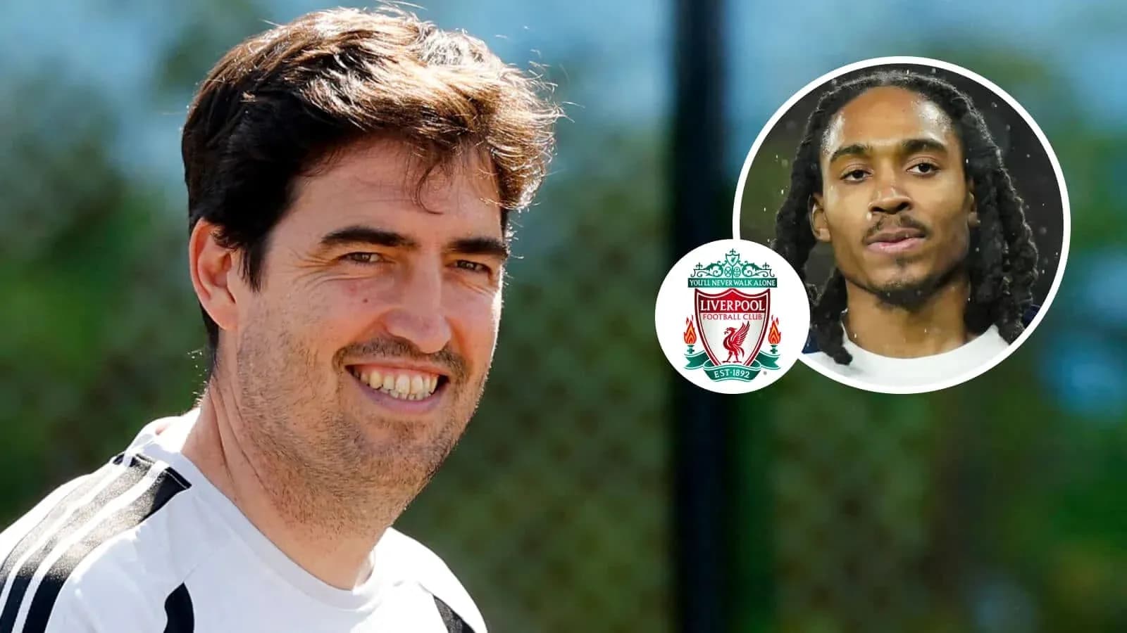Liverpool coach smiling with player image and logo
