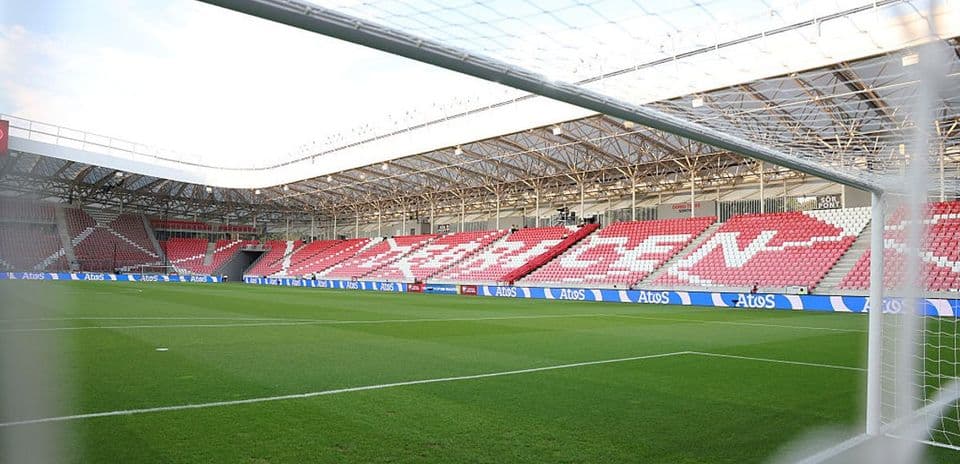 View of stadium interior from behind goal net