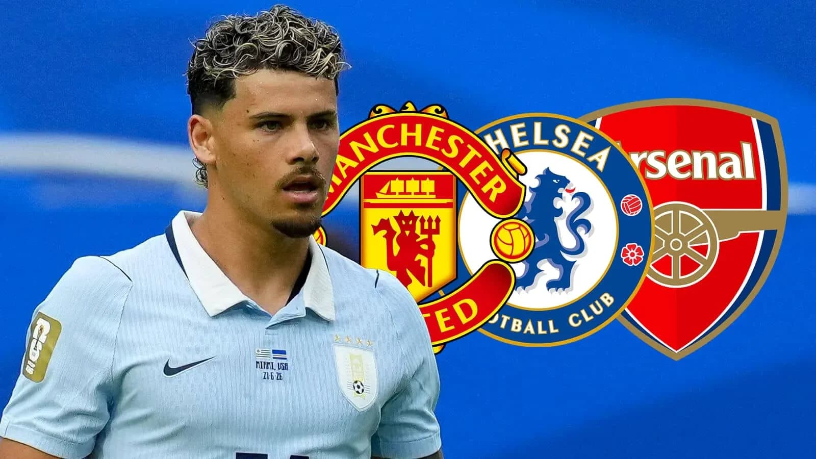 Player in Uruguay kit with club logos background