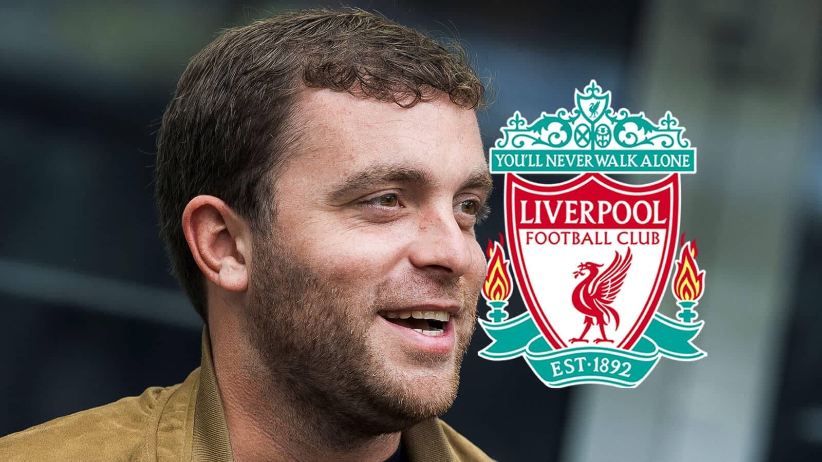 Person smiling next to Liverpool FC logo
