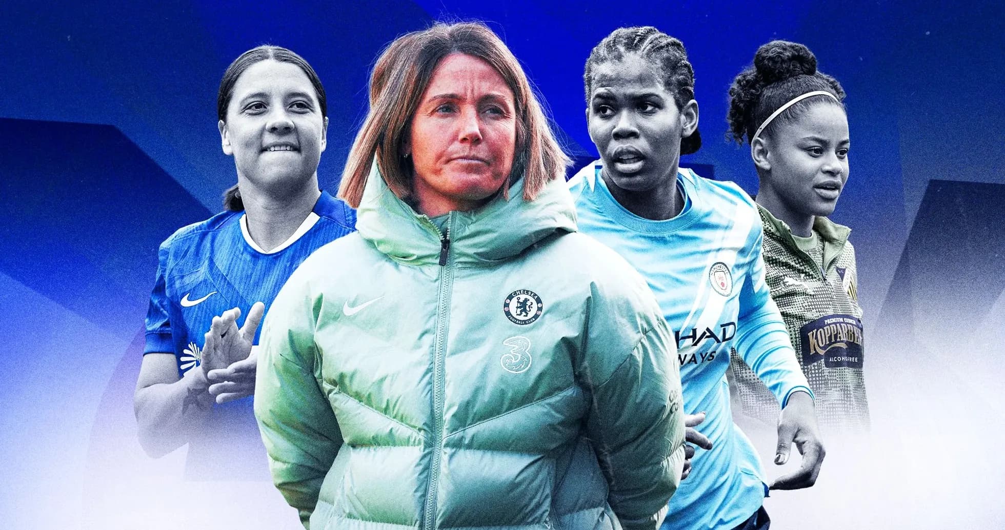 Four women's football players and a coach in action