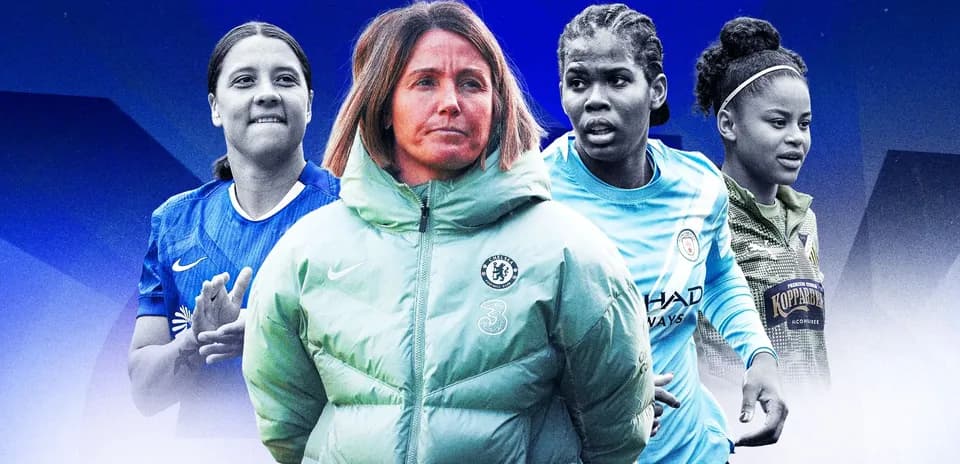 Four women's football players and a coach in action