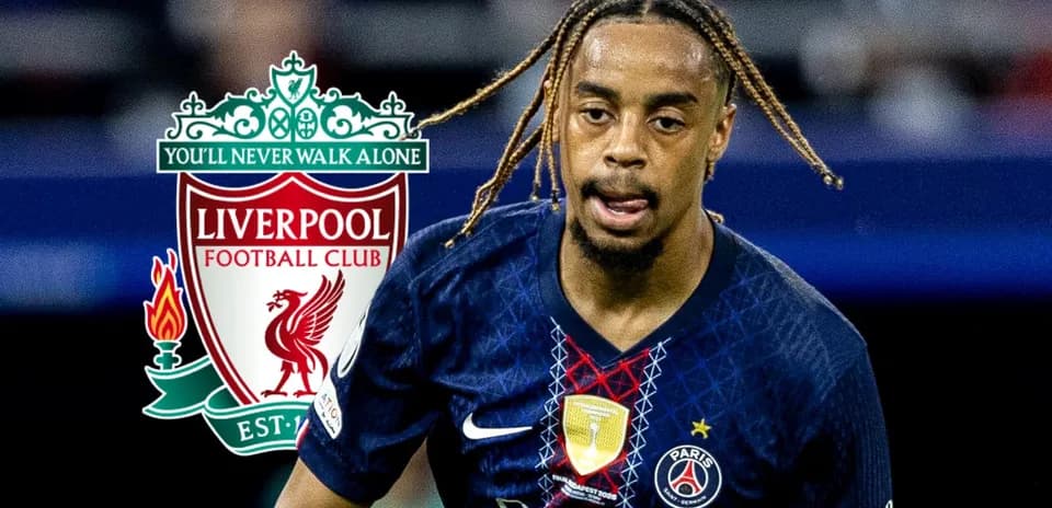 Player in PSG kit with Liverpool logo background